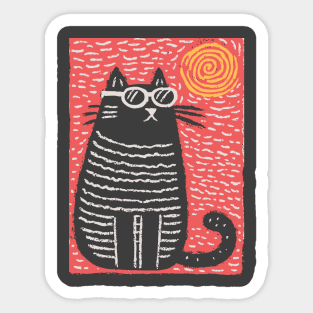 Cute Cat Watching the Sun | Boho Linocut Sticker